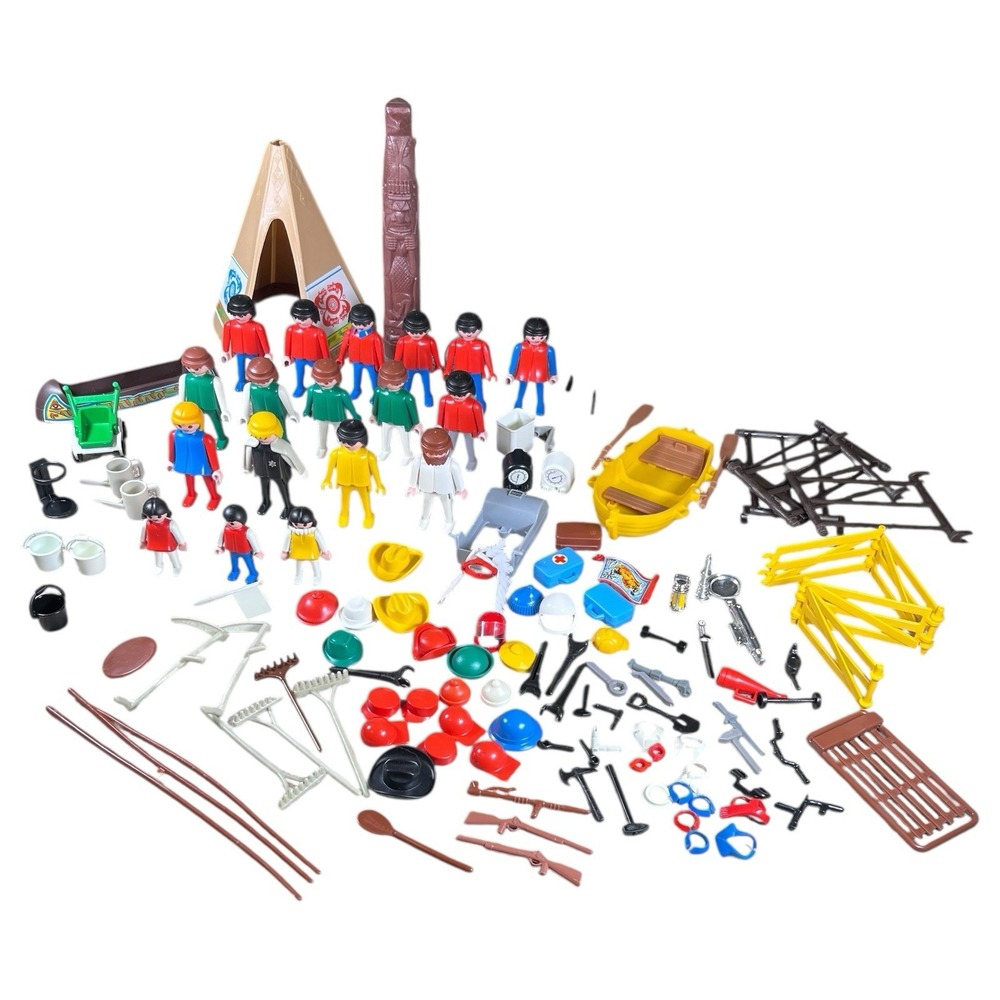Vintage Playmobil Lot Figures Western Teepee Totem Pole Canoe Farm Tools Germany